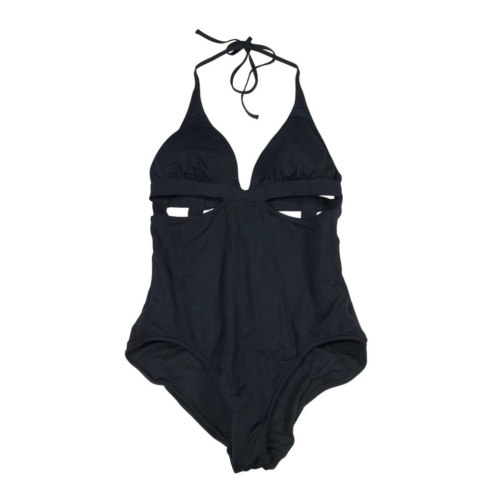Seafolly Australia Womens Black Cut Out Halter One Piece Swimsuit Size 14 USA